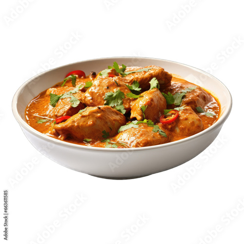 Chicken curry isolated on transparent background. Chicken curry with rice and vegetables