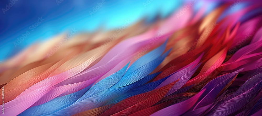 In this abstract wide-format wallpaper or background image, colorful feathers are aligned, producing a depth-of-field effect that adds a three-dimensional quality. Photorealistic illustration