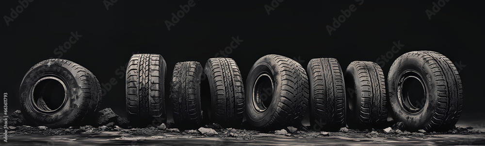 Worn and used tires. Abandoned wheels. Natural background.
