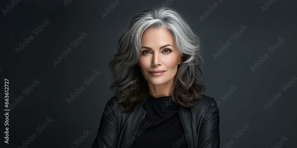 Portrait of Mature Beautiful Woman smiling and standing by grey wall Portrait of Mature Beautiful Woman smiling and standing by grey wall