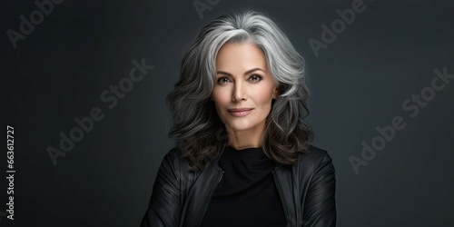 Portrait of Mature Beautiful Woman smiling and standing by grey wall