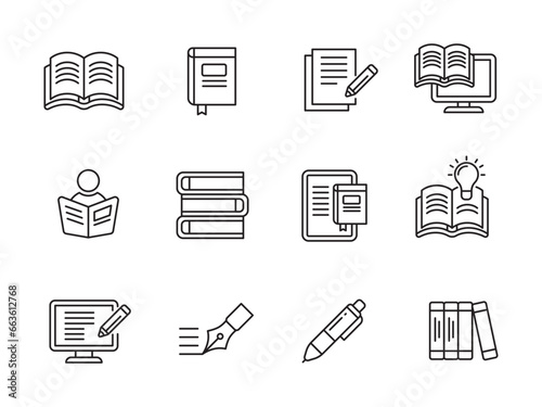 Set of literacy icons in linear style on white background