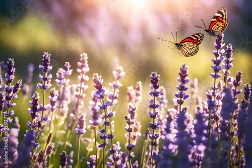 Amazing beautiful colorful natural scenery. Lavender flowers and two butterfly  © Mahreen