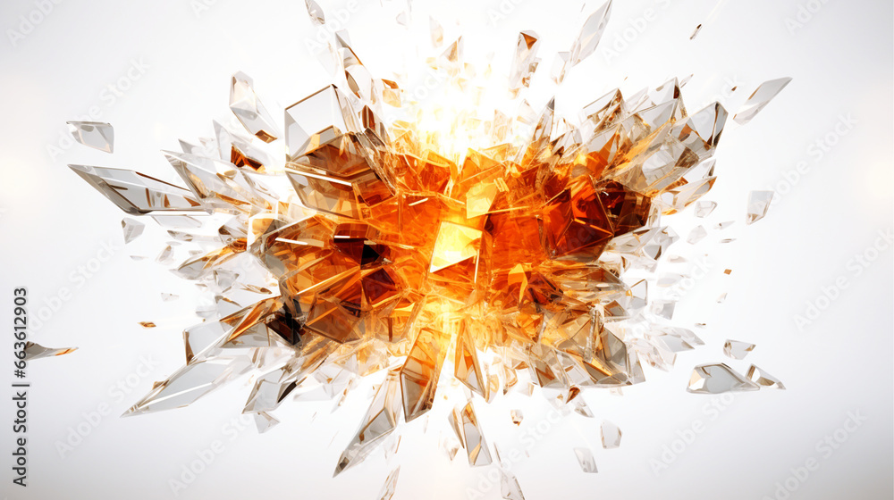 Abstract explosion, perspective background with transparent orange, glass on white background, 3D illustration. - obrazy, fototapety, plakaty 