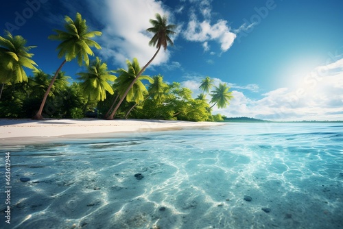 A sunny beach with white sand and a close-up of the sea  surrounded by tropical vacation islands. Generative AI