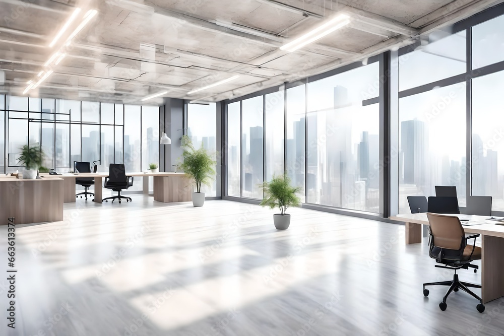 Beautiful blurred background of a light modern office interior with panoramic windows - obrazy, fototapety, plakaty 