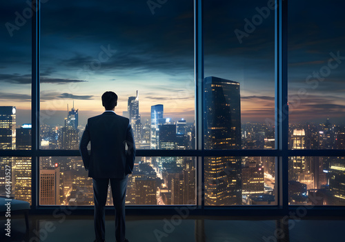 Silhouette of businessman standing in office with modern city in background. Generative ai