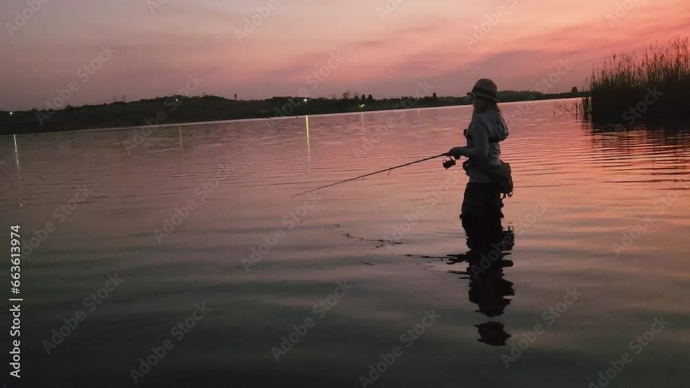 A woman fishing in a beautiful calm lake just after a pink sunset A woman fishing in a beautiful calm lake just after a pink sunset