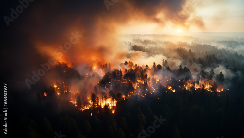 Forest fire in the morning, haze from smoke seen from above. © Artomoro