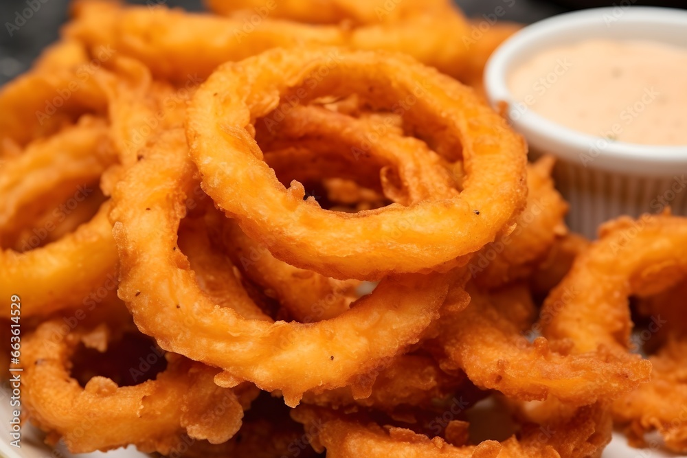 Golden crispy fried onion rings stacked on a plate, close up shot showing the texture, professional food photography, restaurant western menu Golden crispy fried onion rings stacked on a plate, close up shot showing the texture, professional food photography, restaurant western menu
