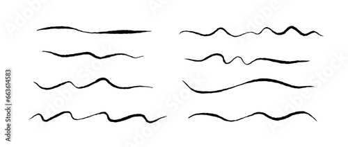 Rough jagged lines set. Grunge wavy brush strokes collection. Black underlines textured curved pen waves. Hand drawn imitation elements for banner, banner, decoration. Doodle uneven wiggles. Vector