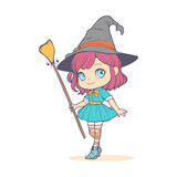 Happy young cute witch girl with broomstick sketchbook cartoon style illustration. Long curly hair and big anime style eyes. Halloween relative smiling character