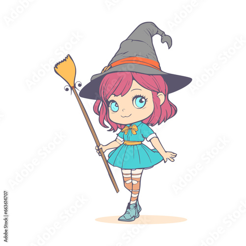 Happy young cute witch girl with broomstick sketchbook cartoon style illustration. Long curly hair and big anime style eyes. Halloween relative smiling character