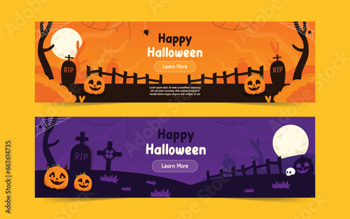 set of icons for Happy Halloween day banner! halloween atmosphere illustration with pumpkins, cute ghosts and scary things on a purple background.