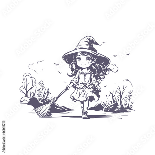 Happy young cute witch girl with broomstick sketchbook cartoon style illustration. Long curly hair and big anime style eyes. Halloween relative smiling character