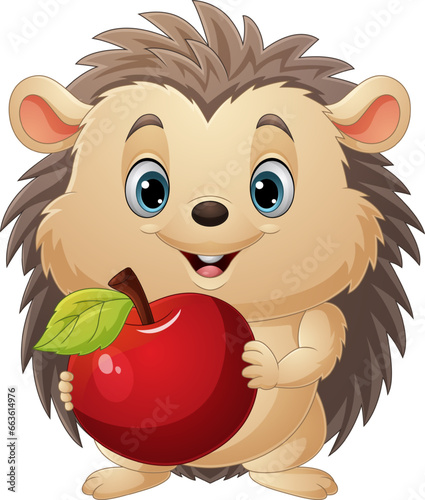 Cartoon little hedgehog holding red apple