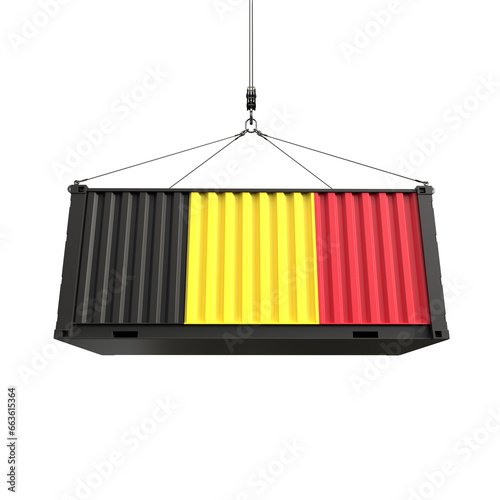 Shipping container with Belgium flag on transparent background, PNG file