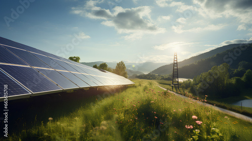 Blue photovoltaic solar panels mounted to produce clean green electricity. Renewable energy production concept.