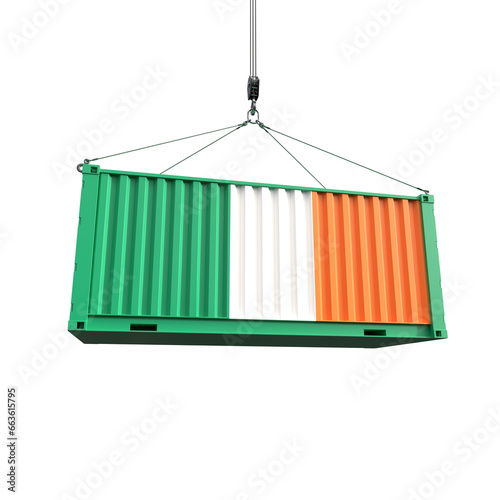 Shipping container with Ireland flag on transparent background, PNG file