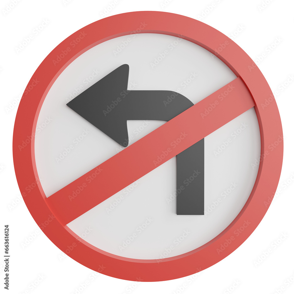 No left turn sign clipart flat design icon isolated on transparent background, 3D render road sign and traffic sign concept No left turn sign clipart flat design icon isolated on transparent background, 3D render road sign and traffic sign concept