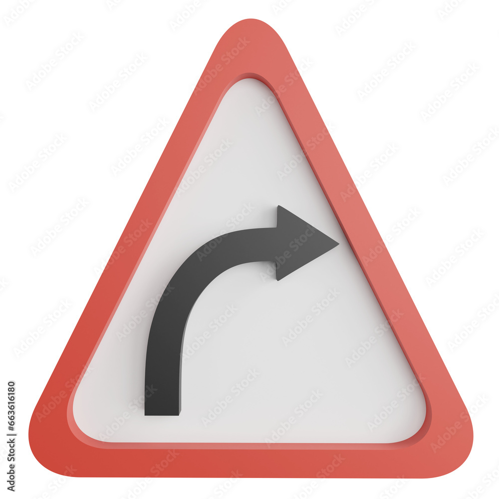 Right curve sign clipart flat design icon isolated on transparent background, 3D render road sign and traffic sign concept Right curve sign clipart flat design icon isolated on transparent background, 3D render road sign and traffic sign concept