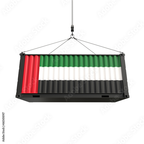 Shipping container with United Arab Emirates flag on transparent background, PNG file