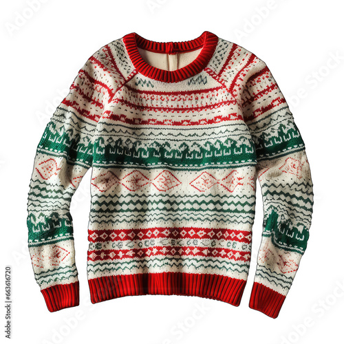 Christmas pattern with red and white knitted woolen sweater isolated on white background © Lina