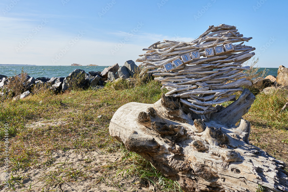 Fototapeta premium Wooden sculpture in the shape of a heart on the seashore. A heart that says only you.