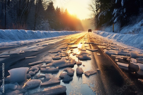 Slippery black ice on road: icy dangerous winter driving. Generative AI photo