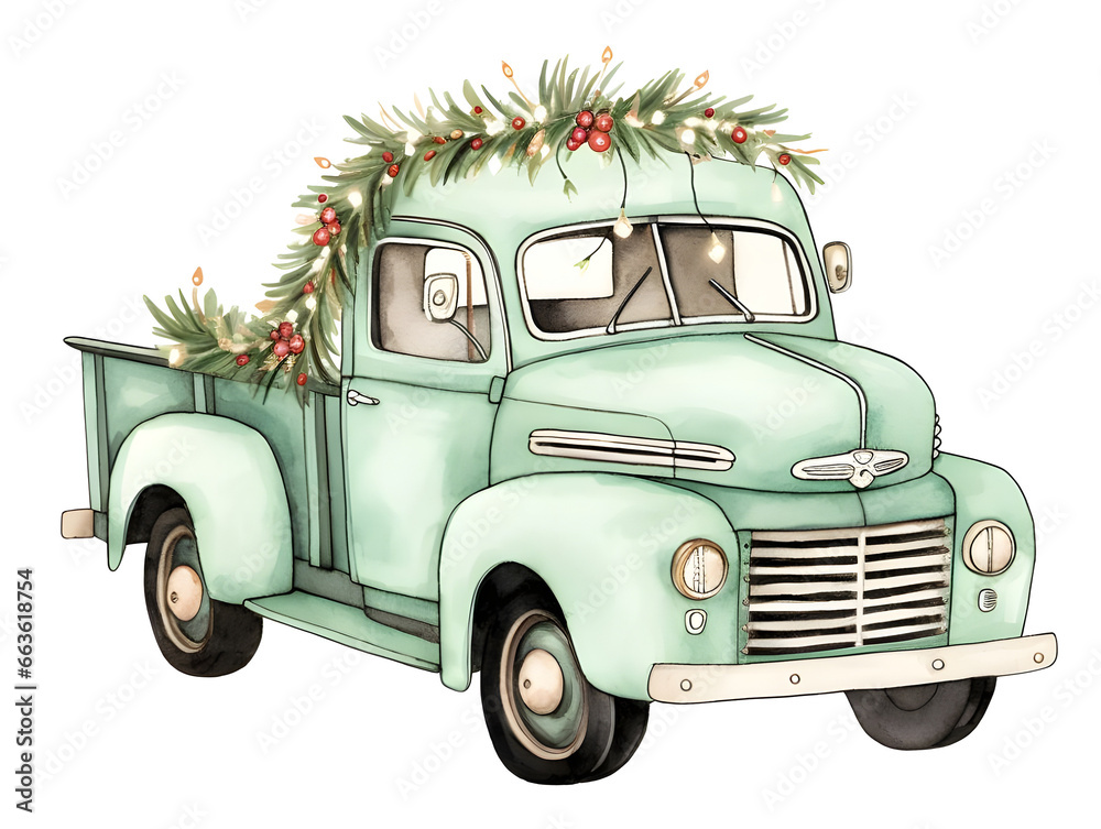 Green Christmas Vintage Truck Illustration