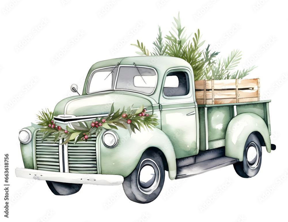 Green Christmas Vintage Truck Illustration