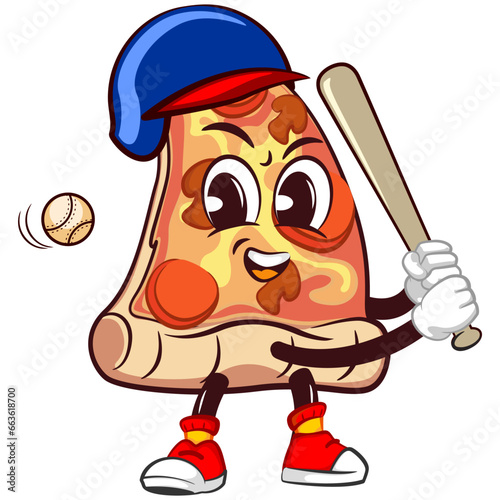Cute slice of pizza character with funny face mascot playing baseball as a hitter with a bat, isolated cartoon vector illustration. Cute slice of pizza mascot, emoticon
