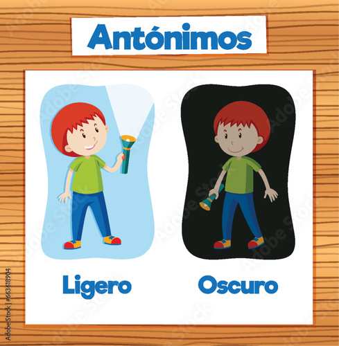 Ligero and Oscuro: Spanish Language Word Card in Vector Illustration