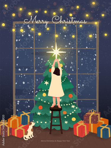 Cute girl decorate christmas tree. Woman put golden star on Top. Xmas, happy new year celebration concept. Holiday greeting card, flyer, web. Hand drawn style. Trendy flat design vector illustration.