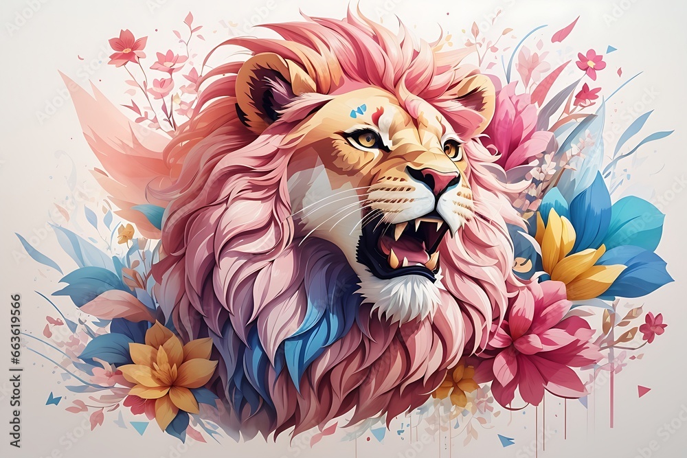 A detailed illustration of a print of a colorful lion roaring , fantasy flowers splash, fullcolor A detailed illustration of a print of a colorful lion roaring , fantasy flowers splash, fullcolor