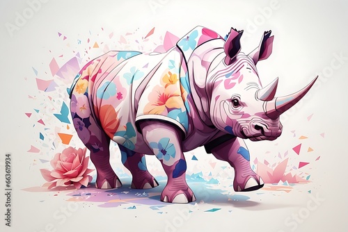 A detailed illustration of a print of a colorful rhino running , fantasy flowers splash, herbivore © Dewi