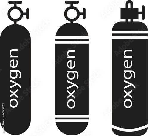 Set of Oxygen Gas trendy fill cylinder icons. LPG propane bottle icons container. Oxygen gas cylinders canister fuel storage collection isolated on transparent background.