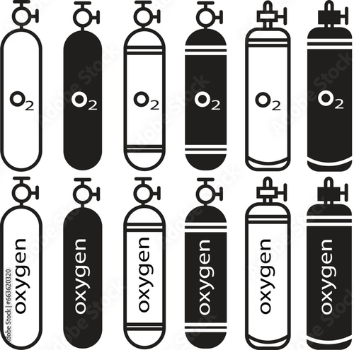 Set of Oxygen O2 Gas trendy flat cylinder icons. LPG propane bottle icons container with editable stock. Oxygen gas cylinder canister fuel storage collection isolated on transparent background.