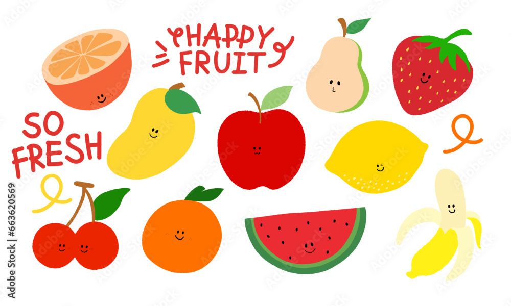 Hand drawn happy fruits such as mango, banana, orange, lemon, cherry, strawberry, apple, pear, watermelon for grocery shopping, vegan, ingredients, summer, juice, healthy snack, cartoon character Hand drawn happy fruits such as mango, banana, orange, lemon, cherry, strawberry, apple, pear, watermelon for grocery shopping, vegan, ingredients, summer, juice, healthy snack, cartoon character