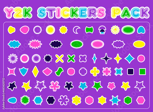 Sticker set in retro cartoon aesthetic. Trendy abstract shapes. Flower, star, heart, circle. Hipster trendy cool style pins. Vintage and retro-futuristic style. Vector