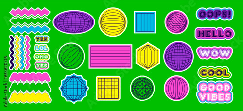 Naive playful abstract shapes sticker pack. Groovy retro Y2K Stickers. Wavy geometric, round, square elements. Brutalism aesthetic. Vector
