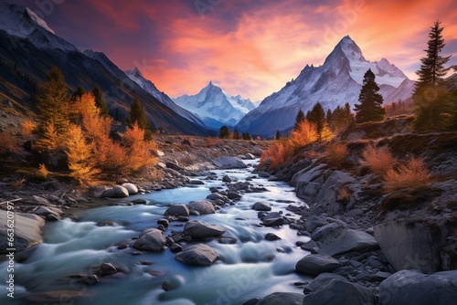 A stunning autumn scene with vibrant colors, snowy peaks, a flowing river, and the sun rising. Generative AI