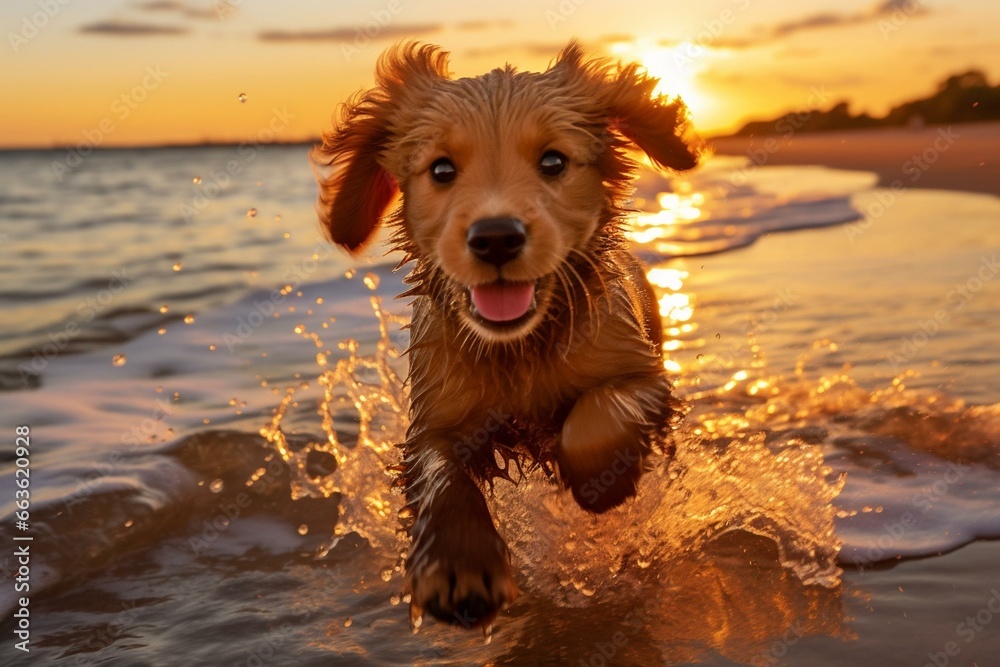 Golden hour puppy playing in water at the beach. Generative AI