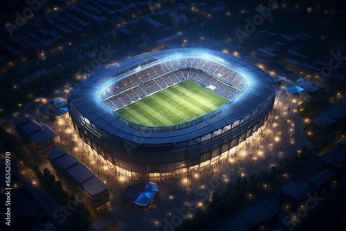 Nighttime 3D depiction of a soccer stadium. Generative AI