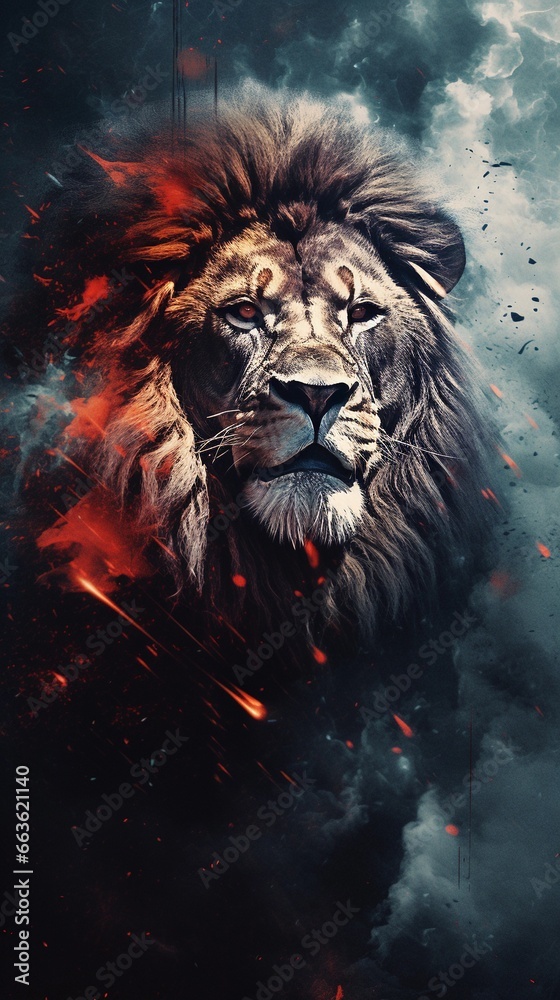 a textured background surrounded by an angry male lion in watercolor style, vertical format, background image, generative AI