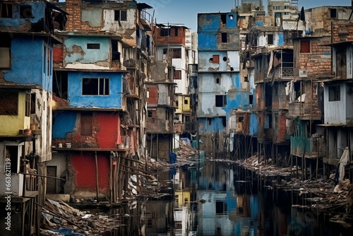 Contrast between mansions and shanties, urban slum, disparity, unfairness. Generative AI photo