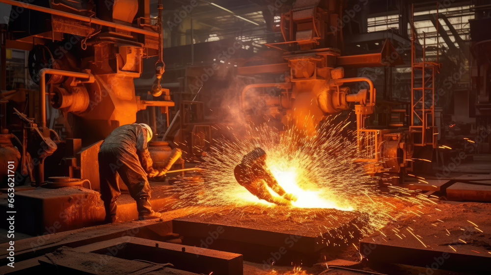 Work crews operating heavy metallurgical equipment, carefully crafting metal products in a metal or steel factory