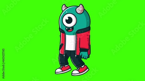 A Cute Monster Wearing Red Jacket And Black Pant Walking Animation On Green Screen 4k Quality