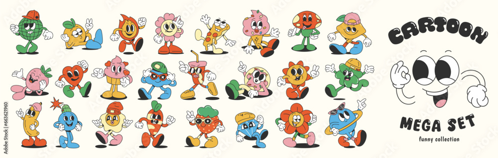 Mega set of 70s groovy element vector. Collection of cartoon characters, doodle smile face, world, pizza, ice cream, strawberry, heart, donut. Cute retro groovy hippie design for decorative, sticker. Mega set of 70s groovy element vector. Collection of cartoon characters, doodle smile face, world, pizza, ice cream, strawberry, heart, donut. Cute retro groovy hippie design for decorative, sticker.