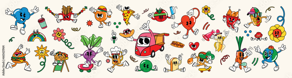 Fototapeta premium Mega set of 70s groovy element vector. Collection of cartoon characters, doodle smile face, food truck, hamburger, heart, flower, pizza, world. Cute retro groovy hippie design for decorative, sticker.